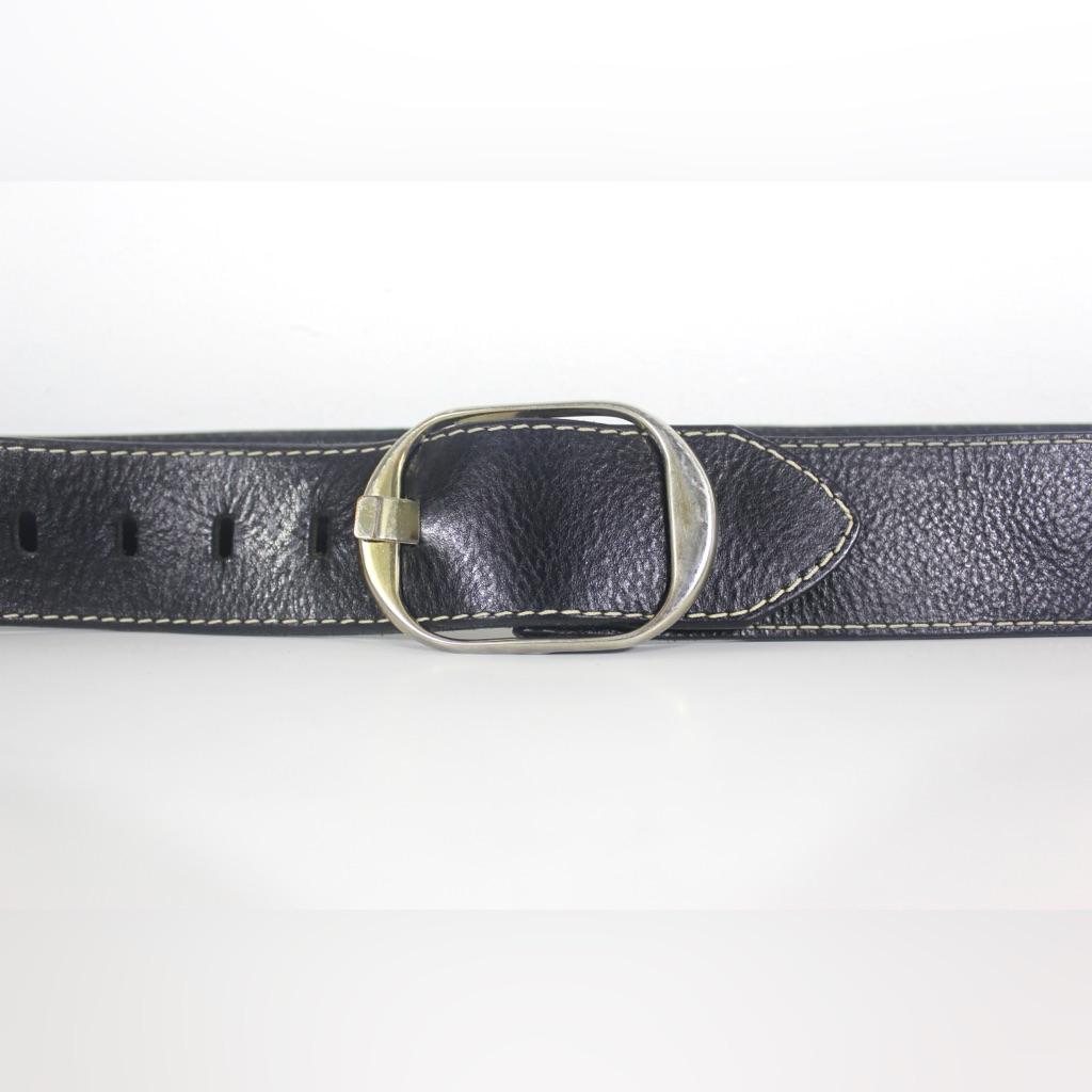 Vintage Wide Black Italian Leather Belt With White Contrast Stitching Canada